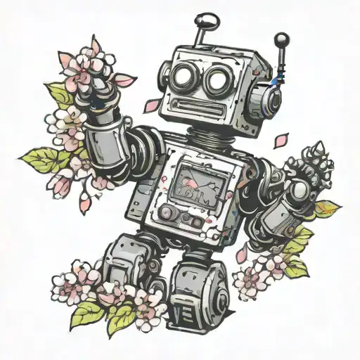 birthday robot playing in cherry blossom leaves blowing tattoo design idea