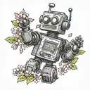 birthday robot playing in cherry blossom leaves blowing tattoo design idea