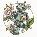 birthday robot playing in cherry blossom leaves blowing tattoo design idea