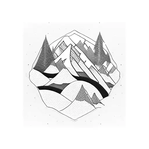 A geometric tattoo of a river winding through mountain peaks, with ski tracks and coffee cup motifs intertwined in the design tattoo design idea