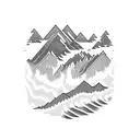 a half sleeve tattoo of a rushing river flowing between the peaks of two mountains tattoo design idea