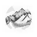 a half sleeve tattoo of a rushing river flowing between the peaks of two mountains tattoo design idea