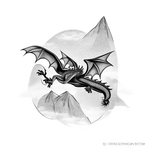 A majestic dragon flying over a lush green jungle with a white background, wrapping around the arm tattoo design idea