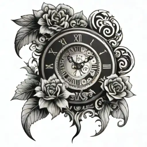 An intricate clock design incorporating psychedelic patterns and flowers tattoo design idea