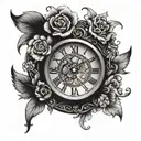 An intricate clock design incorporating psychedelic patterns and flowers tattoo design idea