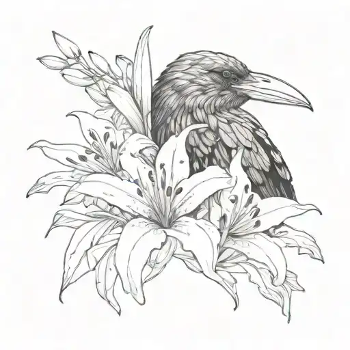 the head of black raven and white lilies tattoo design idea