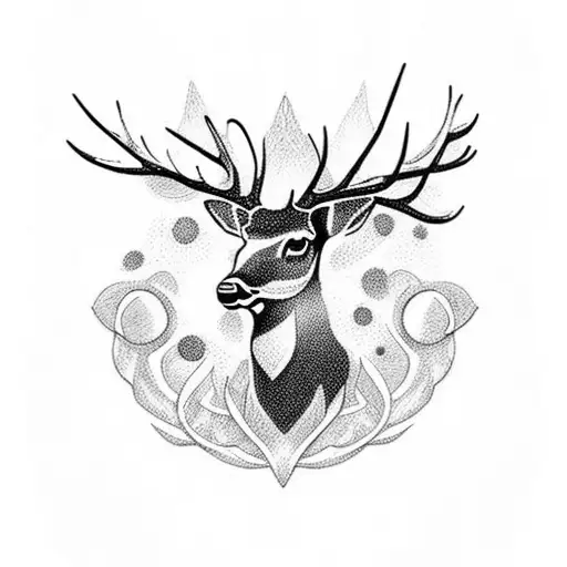 A dotwork tattoo of a deer silhouette with explosive symbols in the background tattoo design idea