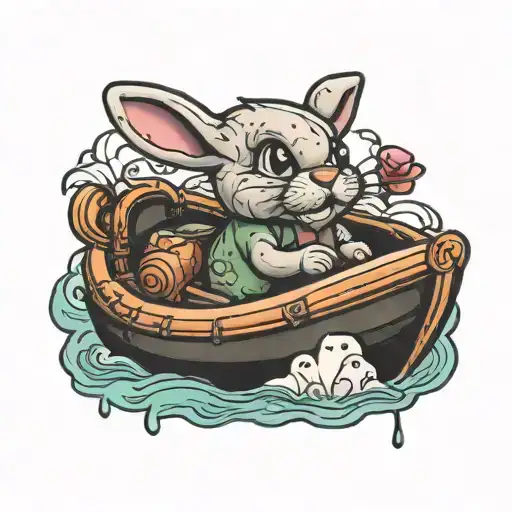 Gloomy bunny in inflatable boat floating tattoo design idea