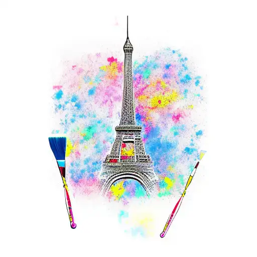 Paint Brush and vernier and Eiffel Tower tattoo design idea
