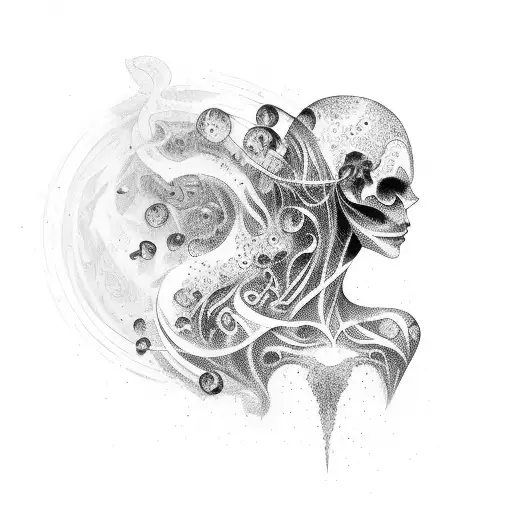 A silhouette of a person surrounded by swirling emotions of love and hate tattoo design idea