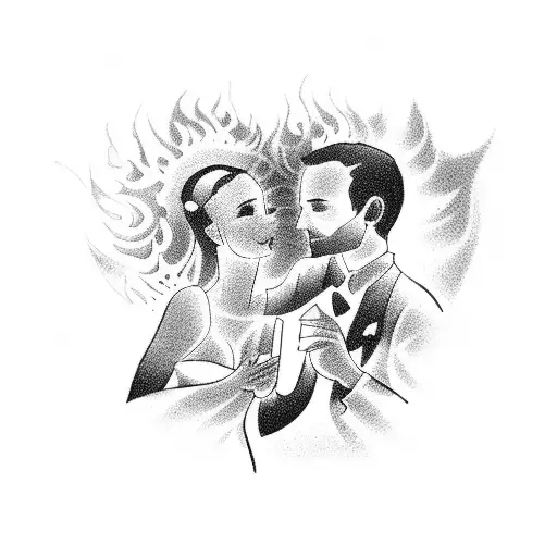 silhoutte od couple dancing with a flame heart in the background black and white tattoo design idea