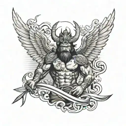 chest tattoo. st. Michael with trident crushing the devil. Japanese style. dark setting on beach.  tattoo design idea