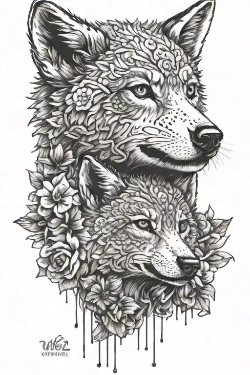 wolf 2 wolf cub flowers tattoo design idea