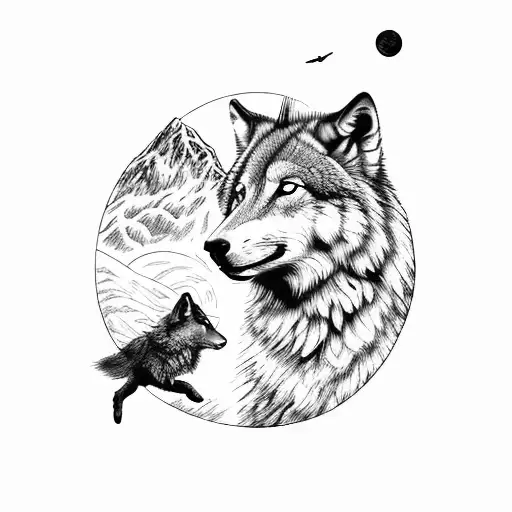 Wolf and Forest with Mountain, hidden small Black sheep, a Waning Moon in the background, a small dragonfly tattoo design idea