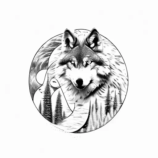 Wolf and Forest with Mountain, hidden small Black sheep, a Waning Moon in the background, a small dragonfly tattoo design idea