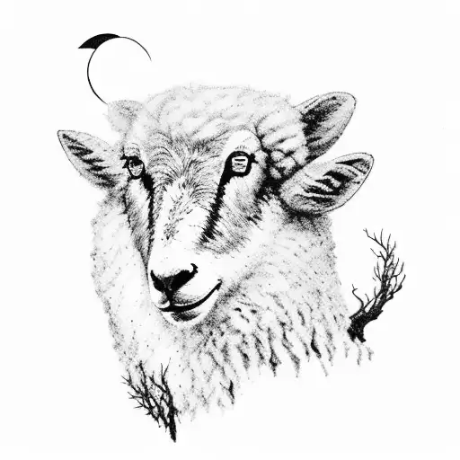 Hudson Bay Wolf and Forest with Mountain, a small Blacked-out sheep, a Waning Moon in the background, a small dragonfly tattoo design idea