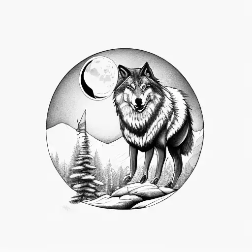 Wolf and Forest with Mountain, hidden small Black sheep, a Waning Moon in the background, a small dragonfly tattoo design idea