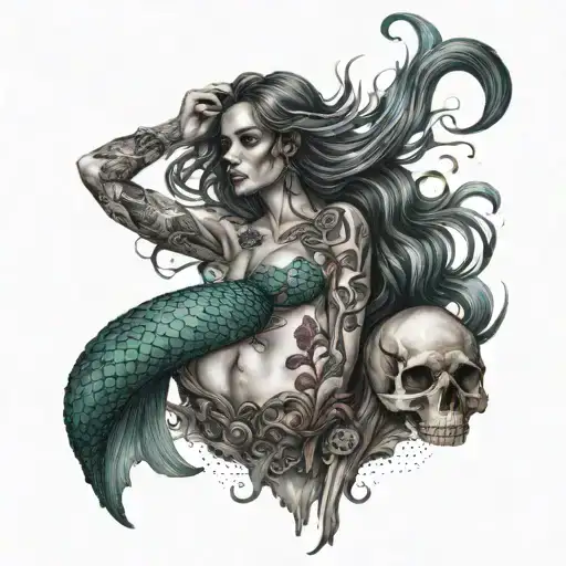 full body scary mermaid with skull tattoo design idea