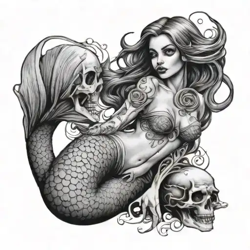 full body scary mermaid with skull tattoo design idea