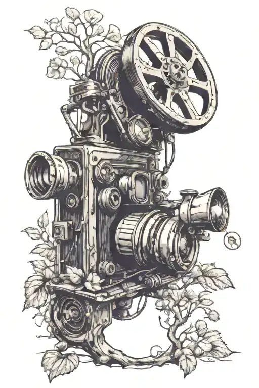 Incorporate a vintage camera and film reel into a surrealistic nature scene tattoo design idea