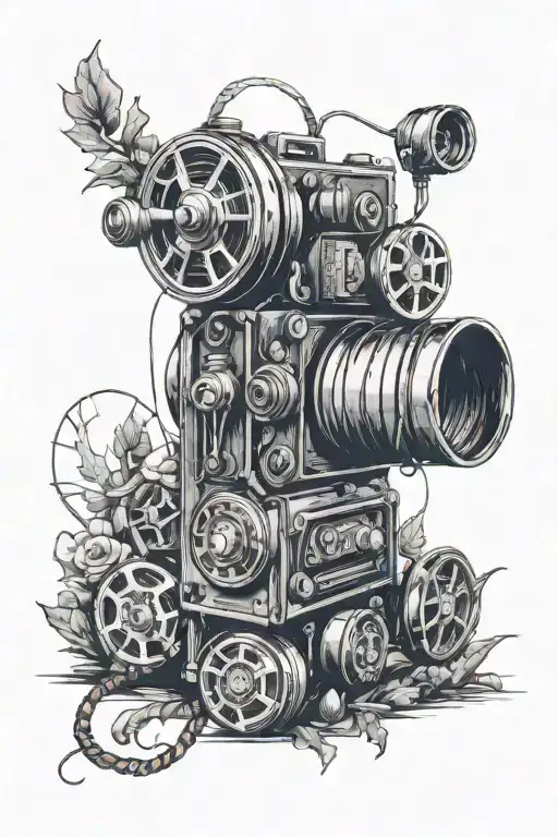 Incorporate a vintage camera and film reel into a surrealistic nature scene tattoo design idea