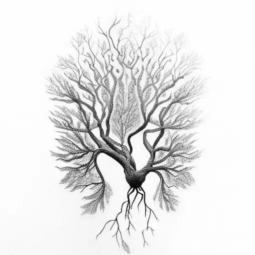 A black-grey tattoo of a tree with roots shaped like neurons, symbolizing the connection between nature and the brain tattoo design idea