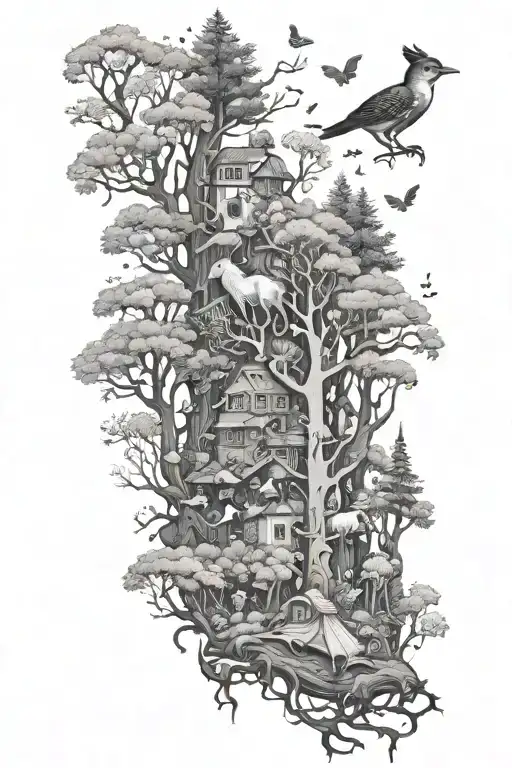 forest with animals in hats scattered throughout tattoo design idea