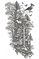 forest with animals in hats scattered throughout tattoo design idea