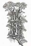 forest with animals in hats scattered throughout tattoo design idea