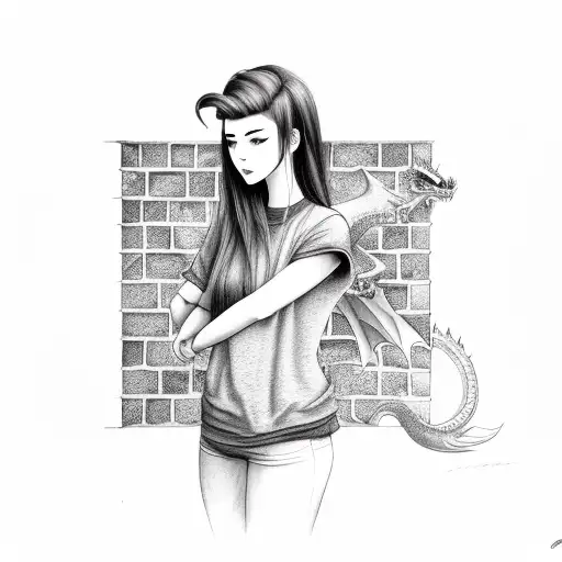 sad Girl infront of a Brick wall with a dragon around tattoo design idea