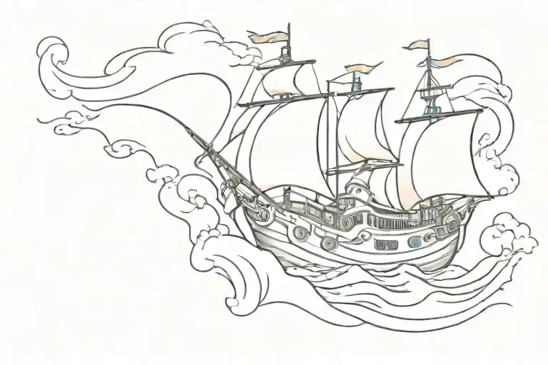 going merry one piece riding waves flowing tattoo design idea