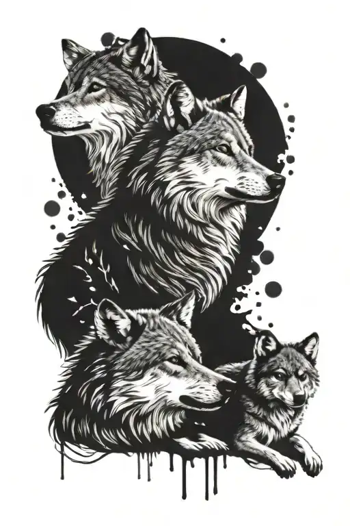 wolf with two cubs surrounded tattoo design idea