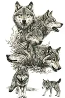 wolf with two cubs surrounded tattoo design idea