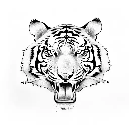 Tiger with a red sword in his mouth tattoo design idea