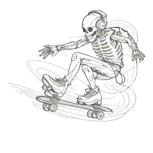 skelett skating while listening to music with headphones  tattoo design idea