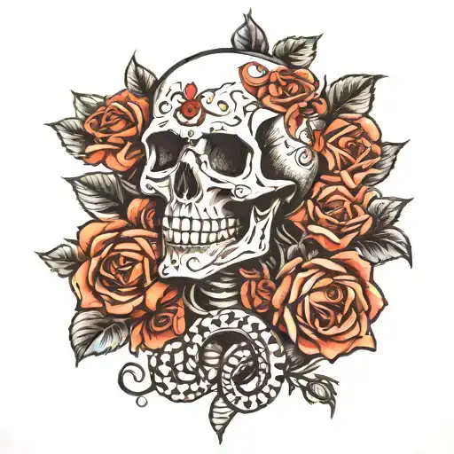 skull and roses snake wrapped tattoo design idea