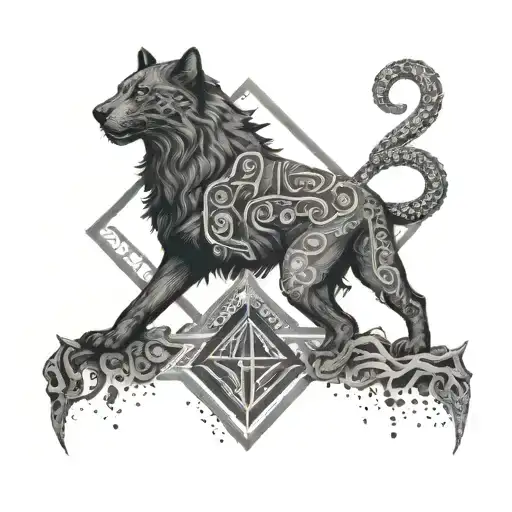 teywaz rune in the middle and a black panther and a gray wolf protecting it tattoo design idea
