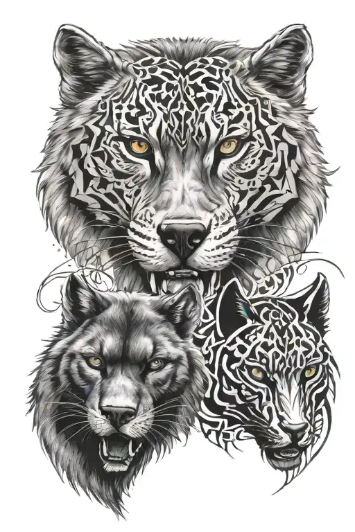 gray wolf and black panther facing off with neotribal tattoo design idea