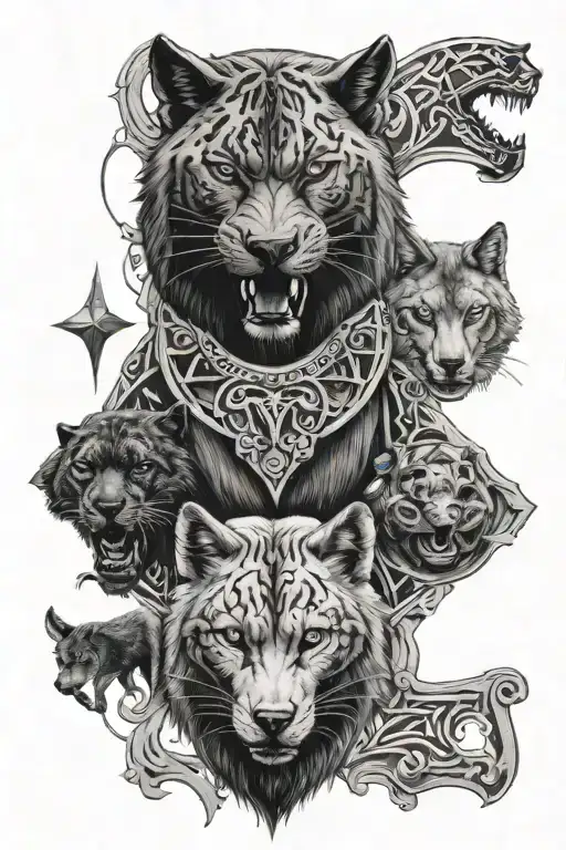 Teywaz rune in the middle, surrounding a black panther and gray wolf tattoo design idea