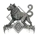 teywaz rune in the middle and a black panther and a gray wolf protecting it tattoo design idea