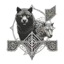 teywaz rune in the middle and a black panther and a gray wolf protecting it tattoo design idea