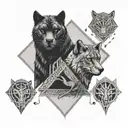 teywaz rune in the middle and a black panther and a gray wolf protecting it tattoo design idea