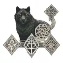 teywaz rune in the middle and a black panther and a gray wolf protecting it tattoo design idea