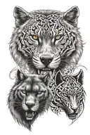 gray wolf and black panther facing off with neotribal tattoo design idea