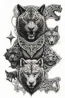 Teywaz rune in the middle, surrounding a black panther and gray wolf tattoo design idea