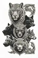 Teywaz rune in the middle, surrounding a black panther and gray wolf tattoo design idea