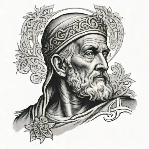 A black and grey portrait of a religious figure with a subtle biblical message tattoo design idea