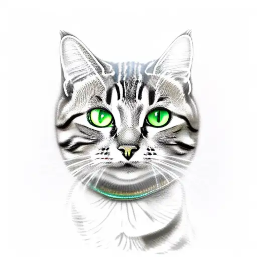 Male Tabby Cat with Green Eyes looking out over an apartment balcony tattoo design idea