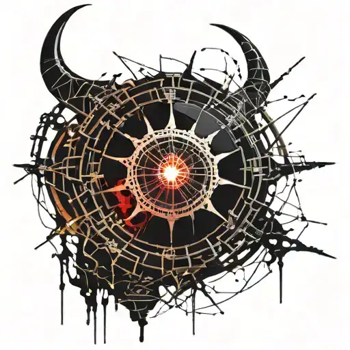 Satanic Realistic Eye, cracked and bleeding. dark black blood red. Bleeding Thorns black spider web and Golden Horns tattoo design idea