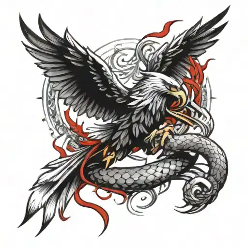 A flying eagle with red eyes and back side middle a sword and that sword around a snake with red eyes  tattoo design idea